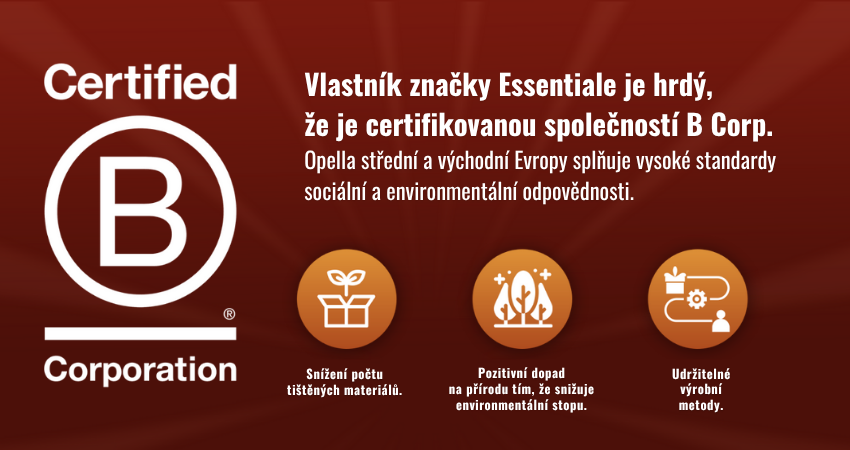 Essentiale – B Corp banner se závazkem k odpovědnému podnikání
