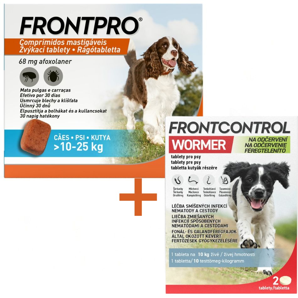 Frontpro 68mg 10-25kg 3 žvýkací tablety + Frontcontrol Wormer pro psy 2 tablety