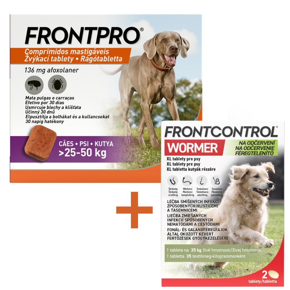 Frontpro 136mg 25-50kg 3 žvýkací tablety + Frontcontrol Wormer pro psy XL 2 tablety