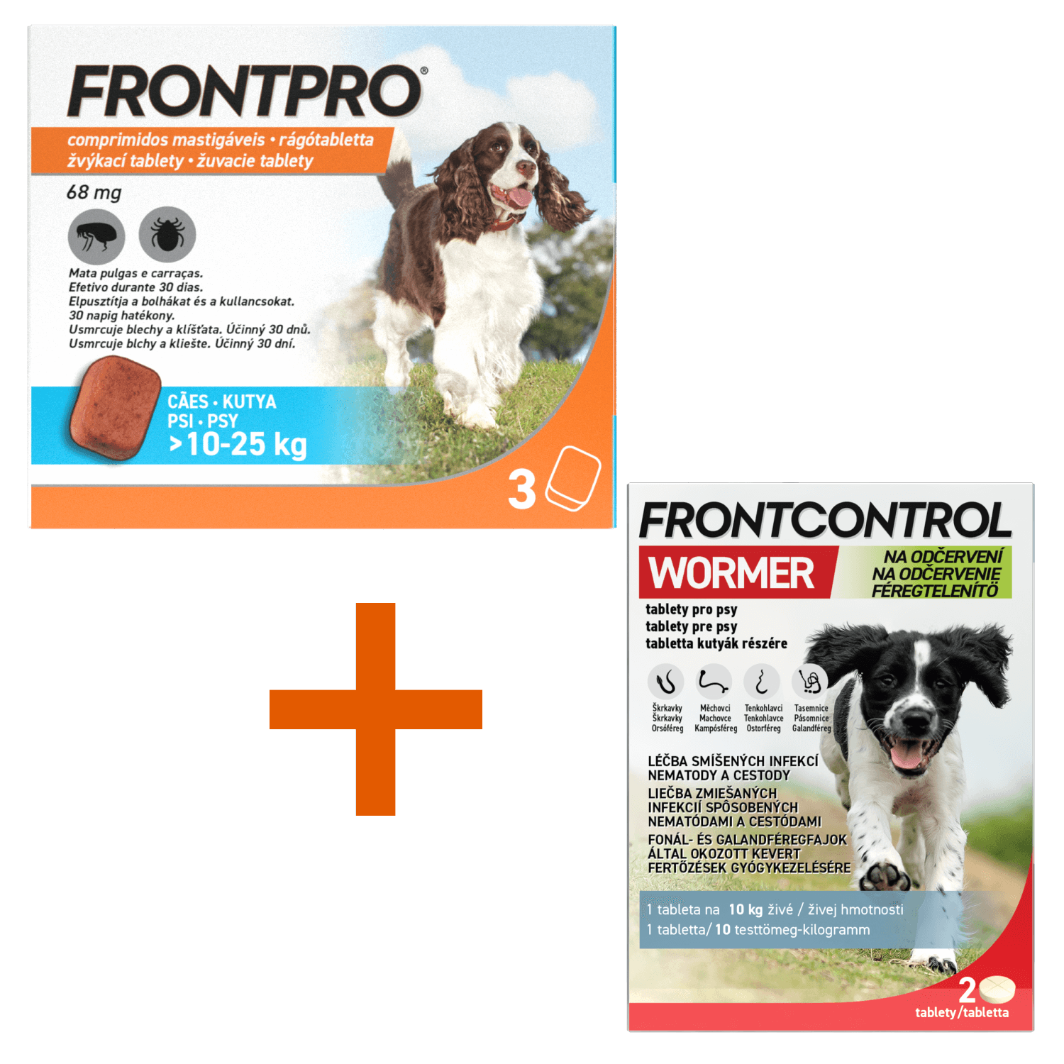 Frontpro 68mg 10-25kg 3 žvýkací tablety + Frontcontrol Wormer pro psy 2 tablety