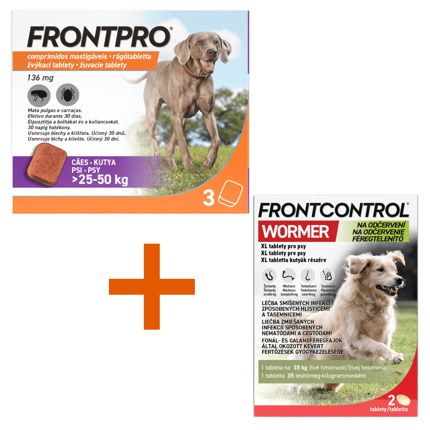 Frontpro 136mg 25-50kg 3 žvýkací tablety + Frontcontrol Wormer pro psy XL 2 tablety