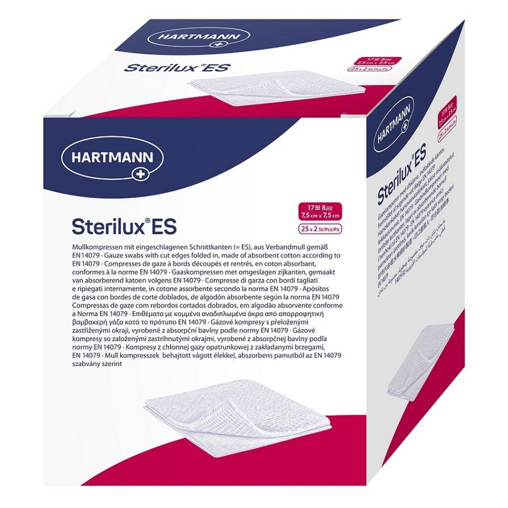 Sterilux ES Kompresní gáza nesterilní 17 vláken 8 vrstev 7,5x7,5cm 25x2ks