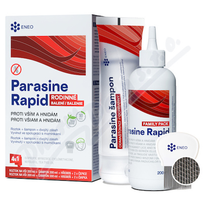 Parasine Rapid roztok a šampon proti vším a hnidám rodinné balení +všiváček+čepice 2x200ml ENEO