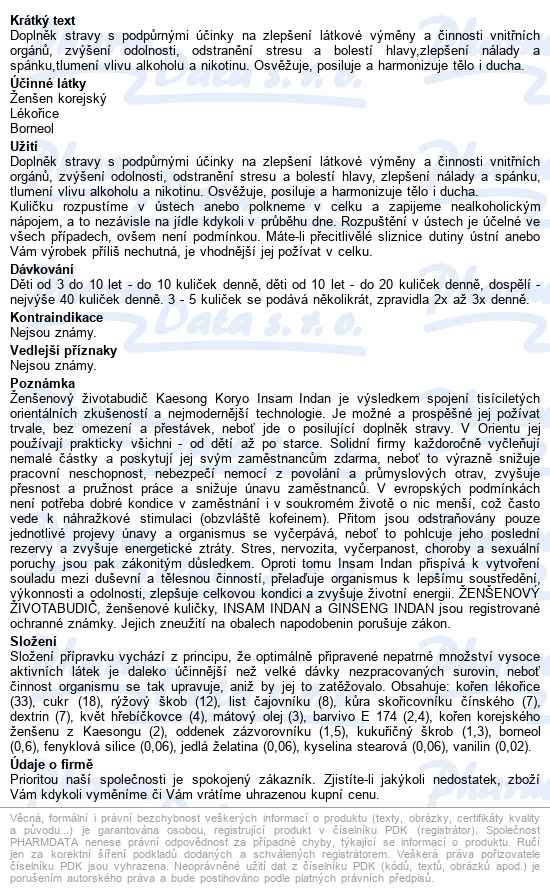 ženšenový životabudič K.k.insam Indan3g=200kuliček - popis