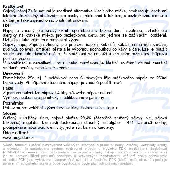 Sójový Nápoj Zajíc Natural 400g - popis
