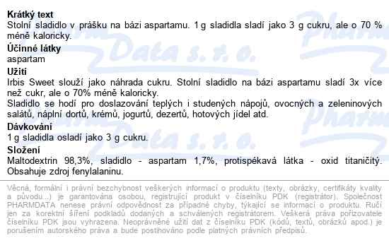 Irbis Aspartam Sweet 3x Sladší Sypké Sladidlo 200g - popis
