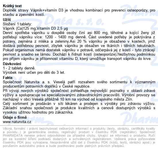 Naturvita Vápník+vit.d Tbl.50 - popis