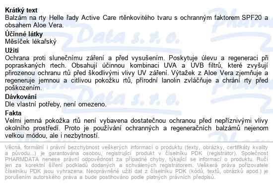 Helle Balzám Na Rty Aloe Vera Spf20 3.7g - popis