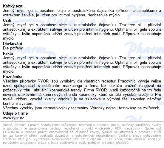 Ryor Gel Pro Intimní Hygienu S Tto 200 Ml - popis