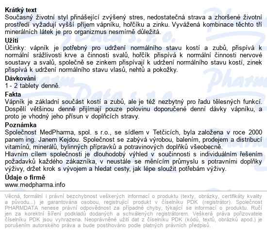 Medpharma Vápník+hořčík+zinek Tbl.107 - popis