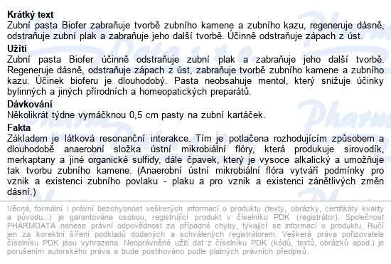 Zubní Pasta Biofer 75ml - popis