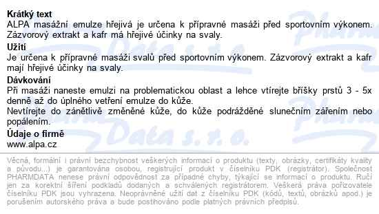Alpa Masážní Emulze Hřejivá 1l - popis