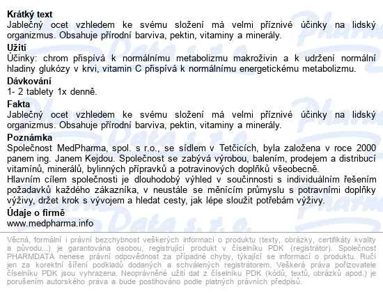 Medpharma Jablečný Ocet+vlák.+vit.c+chrom Tbl.67 - popis