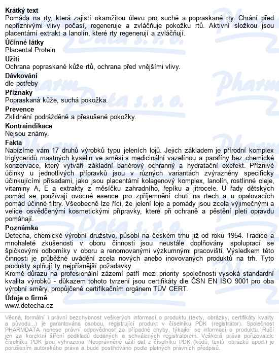 Jelení Lůj Placenta Pomáda Na Rty 4.5g - popis