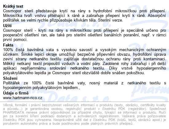 Náplast Hypoalergenní Cosmopor Sterilní 5x7,2cm,s polštářkem,1ks - popis