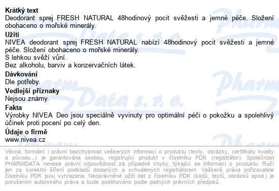 Nivea Fresh Natural Deo Sprej 150ml 81601 - popis