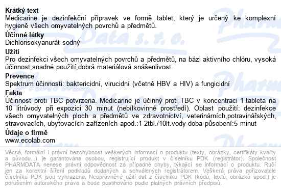 Medicarine Dezinfekční Přípravek Tbl.300 - popis