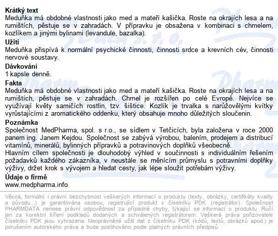 Medpharma Meduňka+chmel+kozlík Tbl.67 - popis
