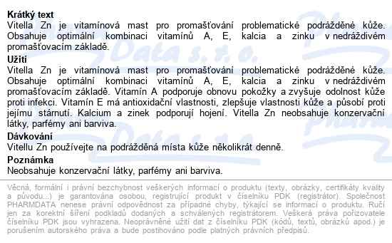 Vitella Zn Zinková Mast S Vitamíny A Kalciem 75g - popis