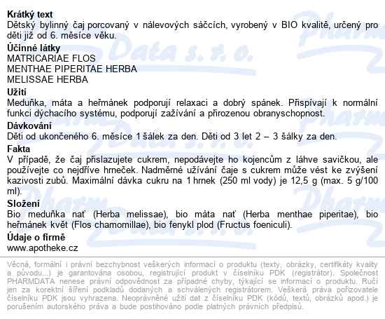 Apotheke Dětský Bylinný čaj Uklidňující Bio20x1.5g - popis