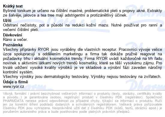 Ryor Aknestop Bylin.tonikum Na Problem.pleť 200ml - popis