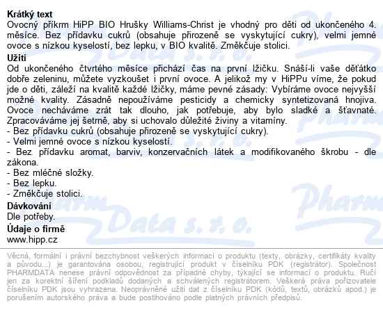 Hipp Hrušky Williams Christ Bio 4/6m 125g - popis