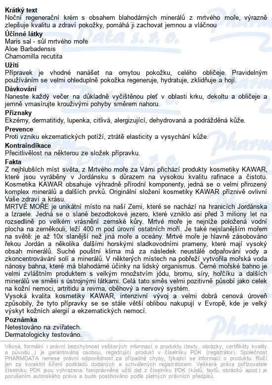 Kawar Noční Regener.krém S Miner.z Mrt.moře 60ml - popis