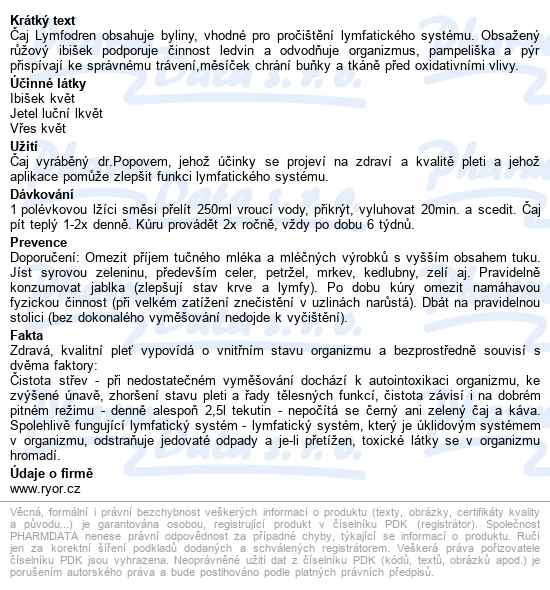 Ryor Lymfodren Bylinný čaj 50g - popis