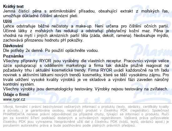 Ryor Aknestop čist.pěna S Mořs.řas.probl.pleť150ml - popis
