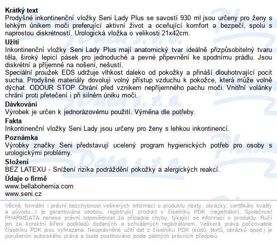 Seni Lady Plus vložky absorpční pro ženy, 21x42cm, savost 950ml, - popis