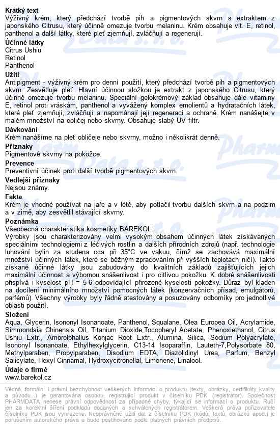 Barekol Antipigment Kr.omez.tvorbu Pig.skvrn 50ml - popis