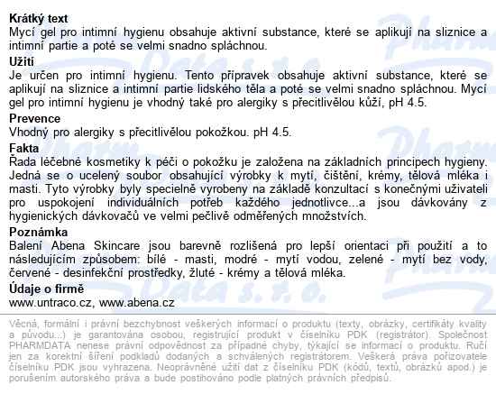 Abena Skincare Mycí Gel Pro Intimní Hygienu 500ml - popis