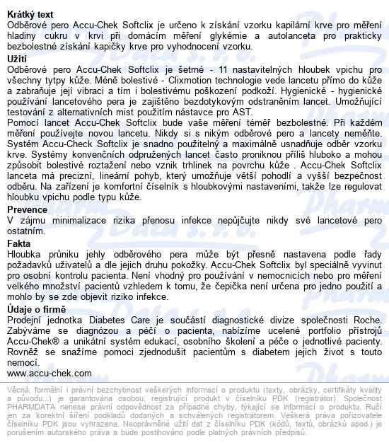 Autolanceta Accu-chek Softclix odběrové pero pro bezbolestný vpich,nastavení hlou - popis
