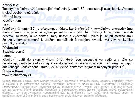 Vitaharmony Riboflavin 10mg Tbl.60 - popis