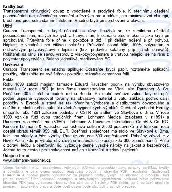 Náplast Hypoalergenní Curapor Transparent Sterilní 8x10cm,s polštářkem,voděodolná,5ks - popis