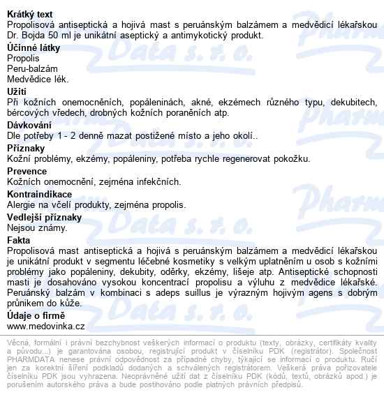 Propolisová Mast +peruán A Medvědice Dr.bojda 50ml - popis