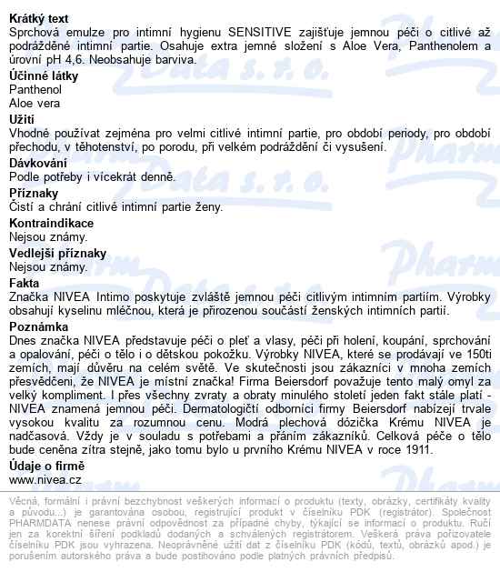 Nivea Intimo Sensitive Sprch.emulze 250ml 80719 - popis