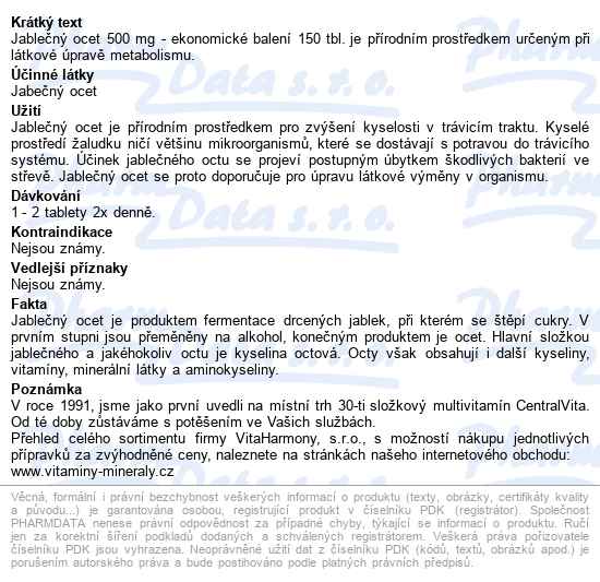 Vitaharmony Jablečný Ocet 500mg Tbl.150 - popis