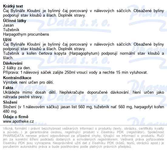 čaj Bylináře Kloubní 40x1.6g - popis