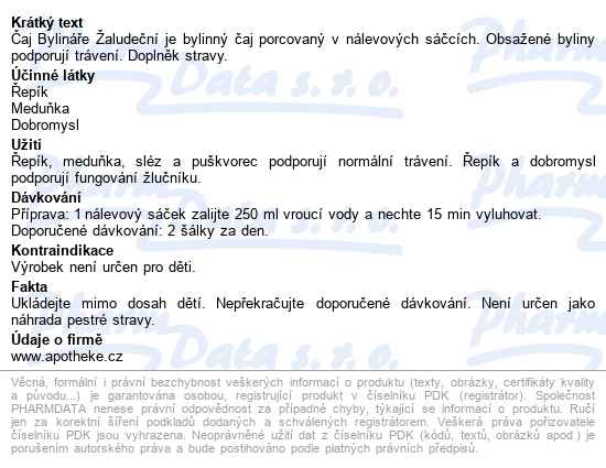 čaj Bylináře žaludeční 40x1.6g - popis