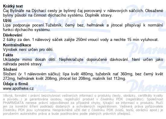 čaj Bylináře Dýchací Cesty A Pocení 40x1.6g - popis