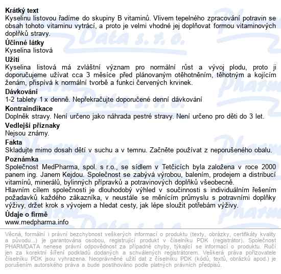 Medpharma Kyselina Listová 400mcg Tbl.107 - popis