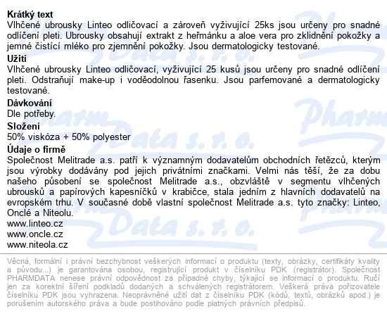 Vlhčené Ubrousky Linteo Odličovací 25ks - popis