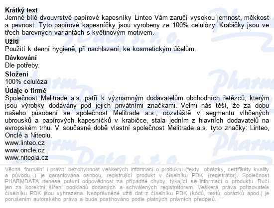 Papírové Kapesníky Linteo 2-vrstvé Bílé 150ks - popis