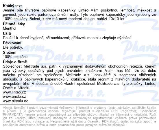 Papírové Kapes.linteo Vůně Máty 3vrstvé Bílé 10x10 - popis