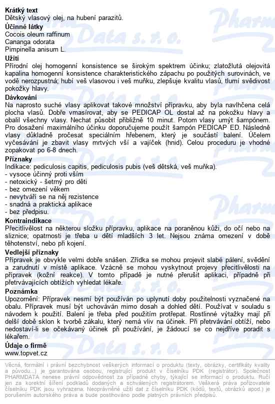 Topvet Pedicap Ol Dět.vlasový Olej 100ml - popis