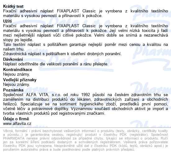 Fixaplast Classic Tex.náplast S Polštářkem 1mx8cm - popis