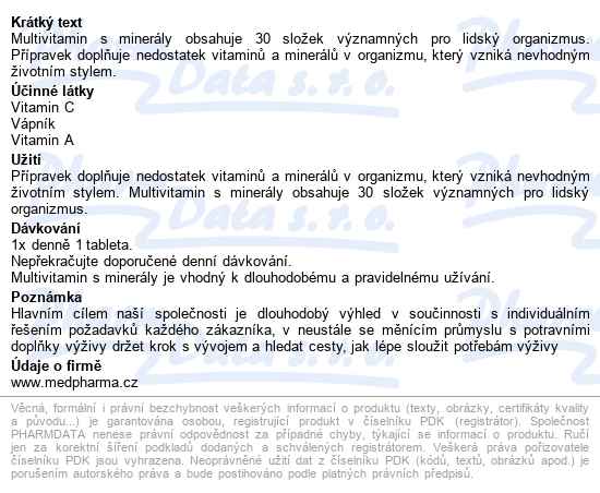 Medpharma Multivitamín S Minerály 30složek Tbl.107 - popis