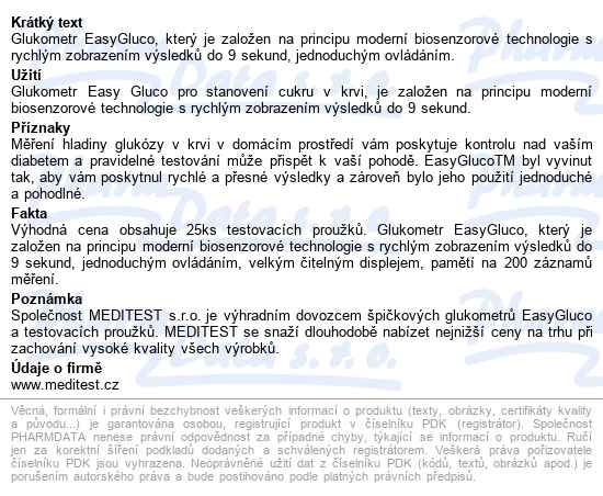 Easygluco Auto-coding glukometr,aut.kodování,inzul.režim,set,25ks proužk - popis