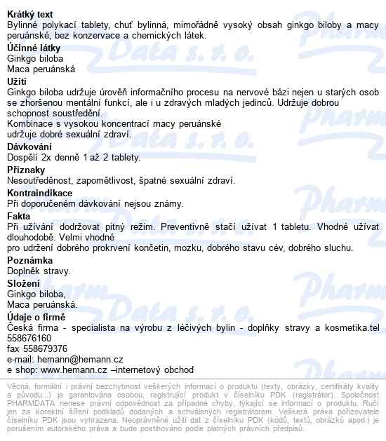 Hemann Ginkgo Maca Bylin.tablety 100 Tbl.á 600mg - popis